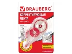 Корректирующая лента BRAUBERG 5мм х 12м. корпус прозрачный. механизм перемотки. блистер. 226814