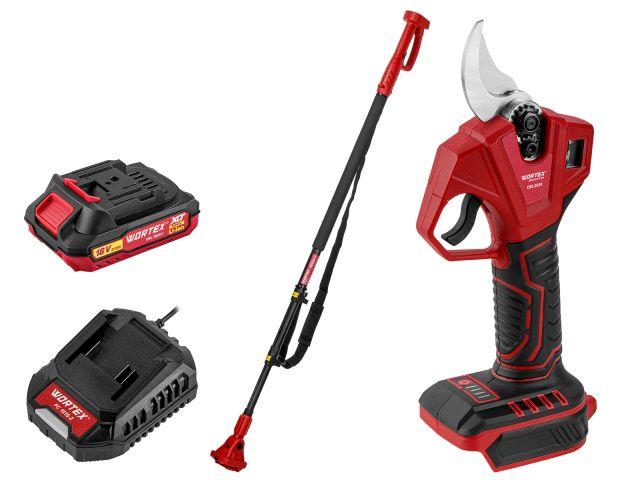 Аккум. секатор WORTEX CBS 2030 в кор. ALL1 SET, БЕСЩЕТ., 18 В, ветки до 28 мм + телескоп. штанга (3 ступени