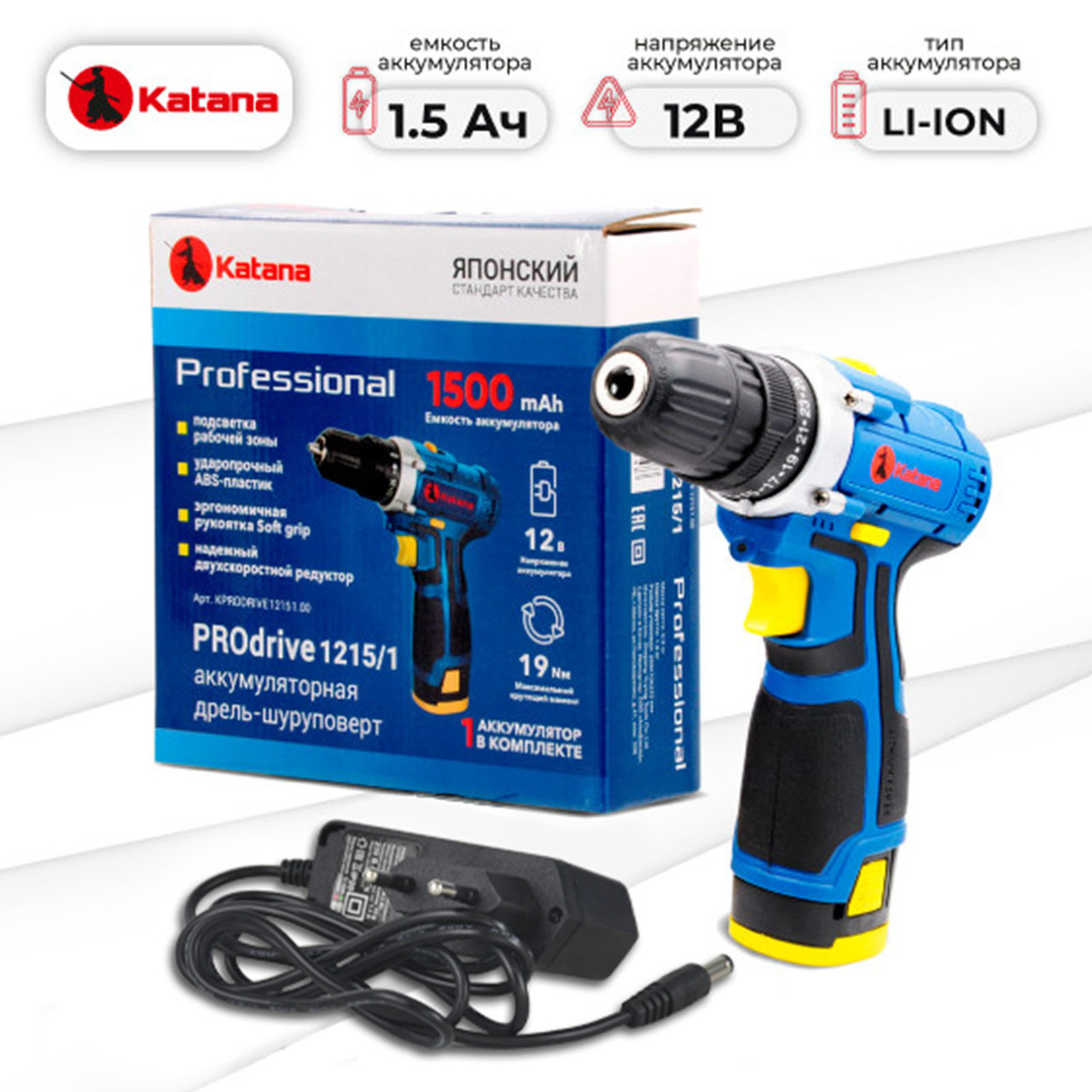 Дрель-шуруповерт аккумуляторный KATANA PROdrive 1215/1 в кор. (12В,1 акк,1,5 А/ч,Li-ion,2 ск, 19 Нм), фото 1