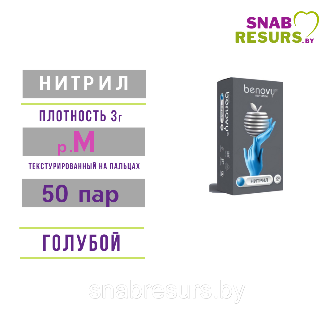 Перчатки нитрил, Benovy, М / голубые, 50 пар