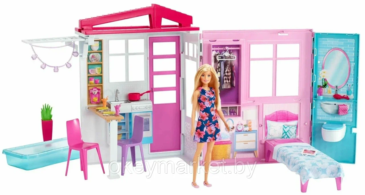 Портативный  дом Barbie с мебелью и аксессуарами + кукла FXG55
