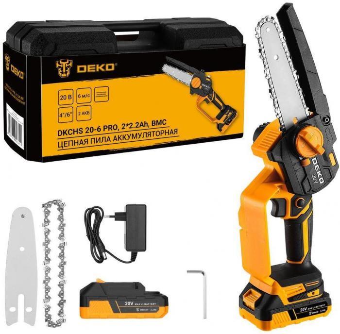 DEKO DKCHS 20-6 PRO, 4" и 6", 20В, 2x2.2Ач, 2 шины и 2 цепи в кейсе 083-2012