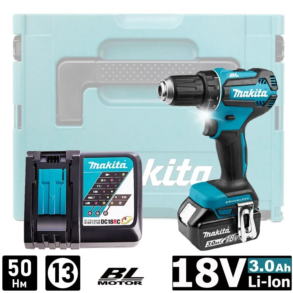 Дрель-шуруповерт бесщеточная Makita DDF485RF (50 Нм, 1 АКБ 3 А/ч, кейс Makpac)