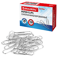 Скрепки EXTRA BRAUBERG 28 мм никелированные 100 штук
