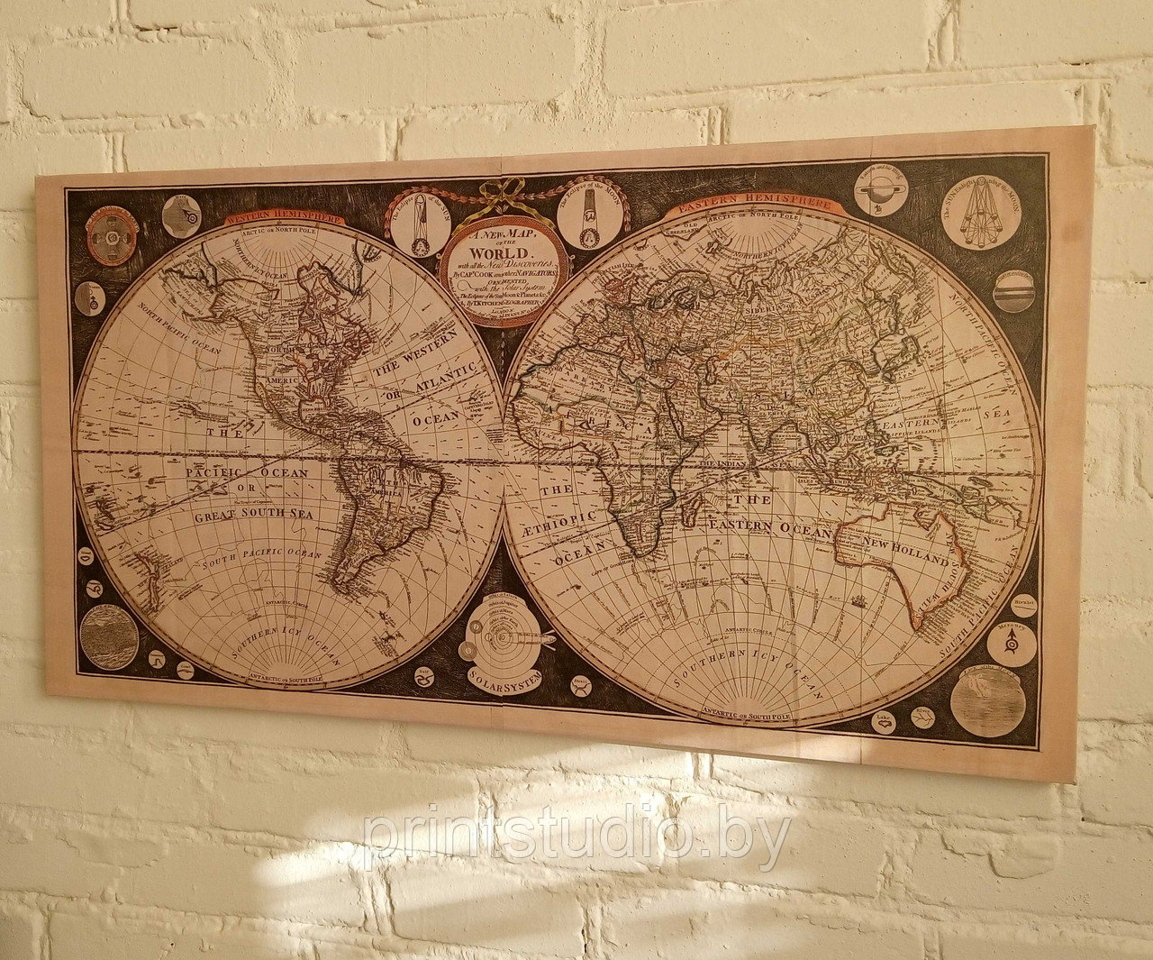 Холст на подрамнике "Древняя карта мира", синтетический, 40х70 мм