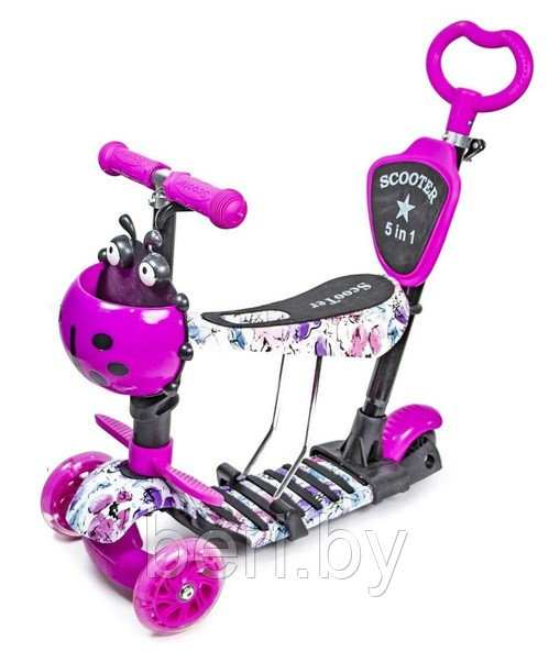 4110 Самокат Scooter 5 в 1 Божья коровка с ПОДНОЖКОЙ и родительской ручкой, принт ГРАФФИТИ, светящиеся колеса