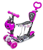 4110 Самокат Scooter 5 в 1 Божья коровка с ПОДНОЖКОЙ и родительской ручкой, принт ГРАФФИТИ, светящиеся колеса