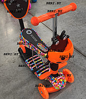 4110 Самокат Scooter 5 в 1 Божья коровка со СВЕТОМ, с ПОДНОЖКОЙ и родительской ручкой, принт ГРАФФИТИ