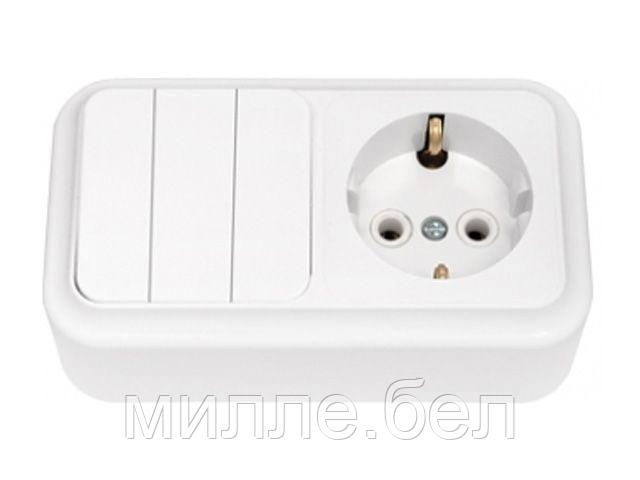 Блок выкл. 3 клав. + розетка (открытая, с/з) белая, Пралеска, BYLECTRICA