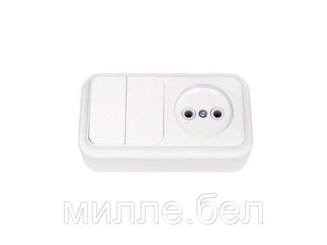 Блок выкл. 2 клав. + розетка (открытая, б/з) белая, Пралеска, Bylectrica
