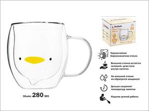 Кружка стеклянная с двойными стенками, 280 мл, серия Funny animals, PERFECTO LINEA (Стеклянная кружка ручной