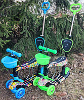 4110 Самокат Scooter 5 в 1 Божья коровка со СВЕТОМ, с ПОДНОЖКОЙ и родительской ручкой, принт ГРАФФИТИ