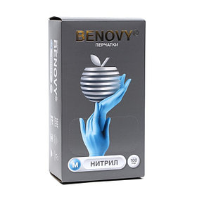 Перчатки Benovy, медицинские, нитриловые, голубые, 3 г, M, 100 пар/уп