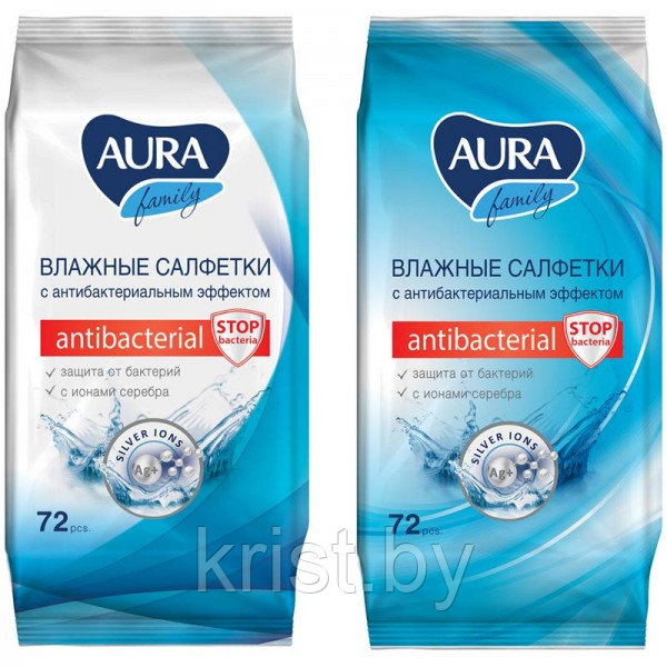 Салфетки влажные антибактериальные Aura "Family", 72шт