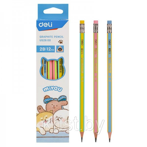 Карандаш чернографитный Deli MiYou, 188мм, 2B, дерево, заточен