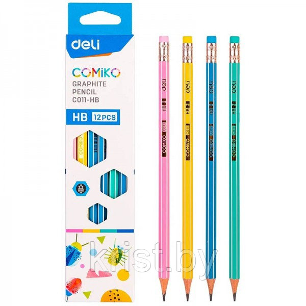 Карандаш чернографитный Deli Comiko, 190мм, HB, дерево, с ластиком, заточен