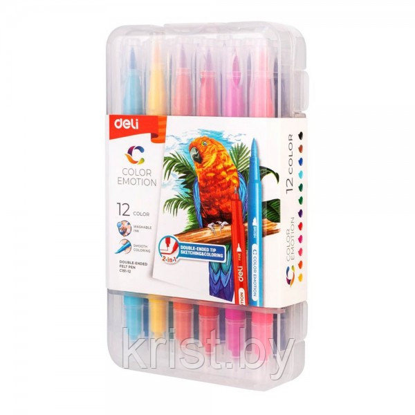 Фломастеры Deli "Color Emotion", двухсторонние, смываемые, 12цв