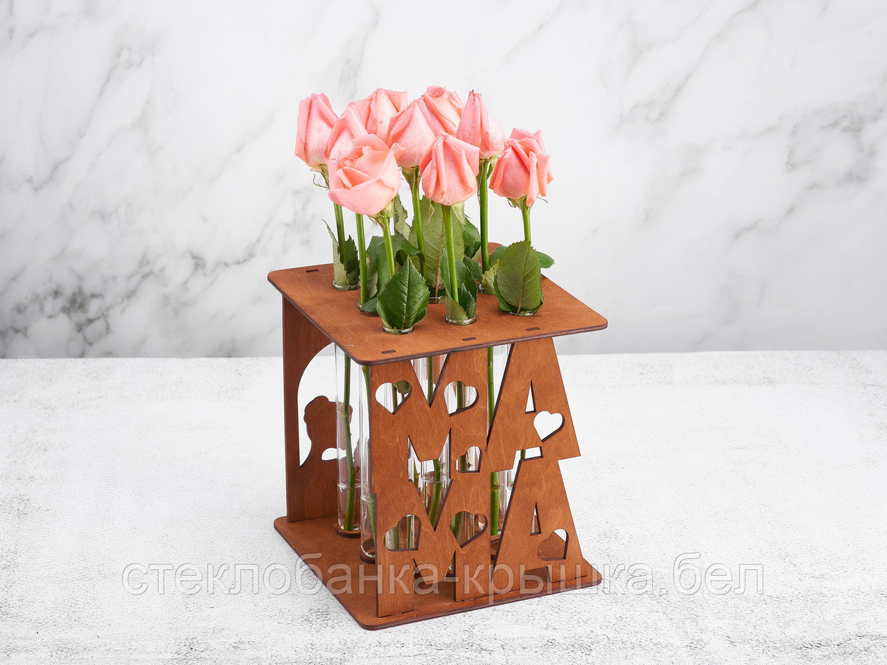 Подставка деревянная штатив для цветов на 9 пробирок 60 мл "Мама" с пробирками в комплекте