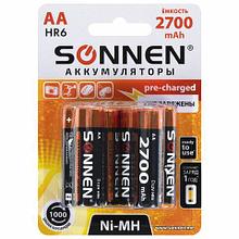 Батарейки аккумуляторные Ni-Mh пальчиковые КОМПЛЕКТ 6 шт., АА (HR6) 2700 mAh, SONNEN, Цена без НДС