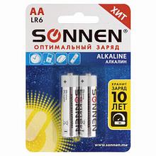 Батарейки КОМПЛЕКТ 2 шт., SONNEN Alkaline, АА (LR6, 15А), алкалиновые, пальчиковые, блистер, Цена без НДС