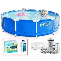 Набор!!! Каркасный бассейн Intex 366х76см с фильтр-насосом 2000 л/ч, с тентом и альгитинн, арт. 28212 в наборе