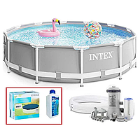 Набор!!! Каркасный бассейн Intex 366х76см с фильтр-насосом 2000 л/ч, с тентом и альгитинн, арт. 26712 в наборе