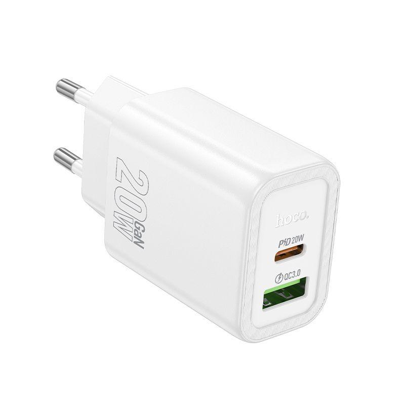 Зарядное устройство сетевое - блок питания HOCO N61, USB Type-C PD20W + USB QC3.0, белый 555011