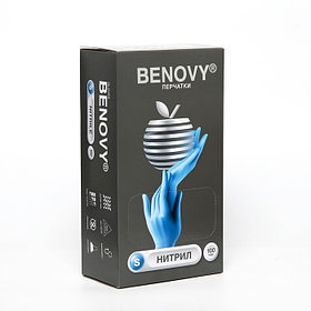 Перчатки Benovy, нитриловые, медицинские, голубые, 3 г, S, 100 пар/уп