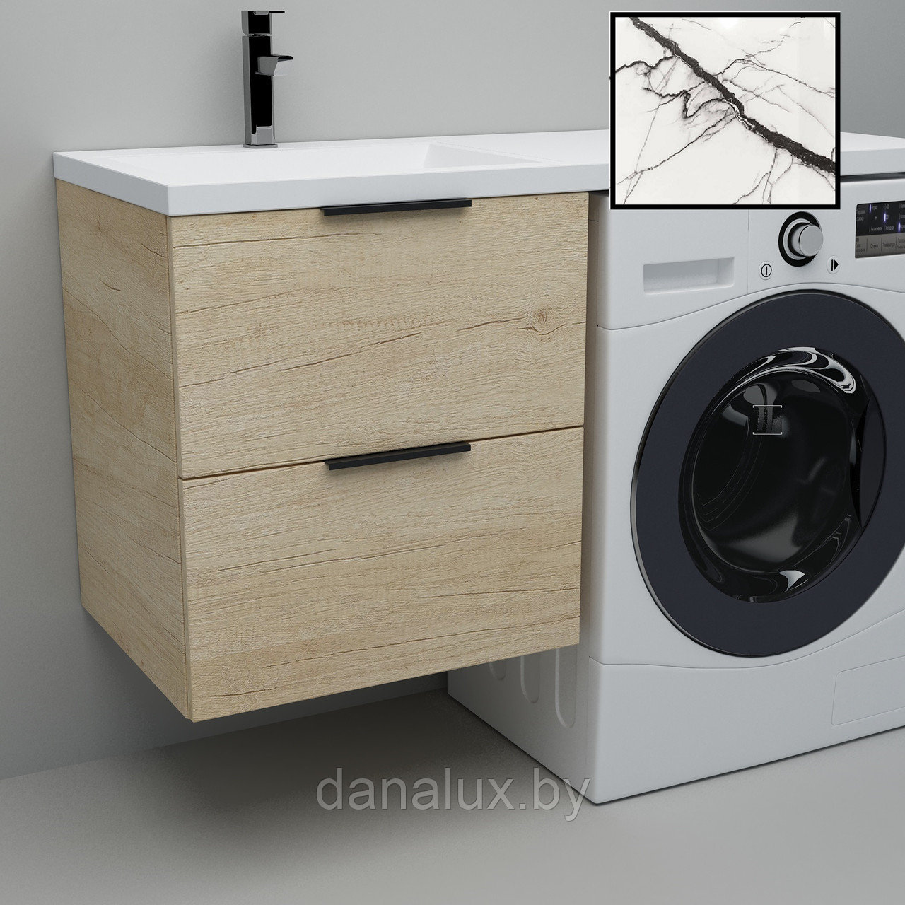 Тумба с умывальником Дана Каскад Люкс 110 подвесная на 2 ящика (чаша слева) цвет дуб/белый мрамор, фото 1