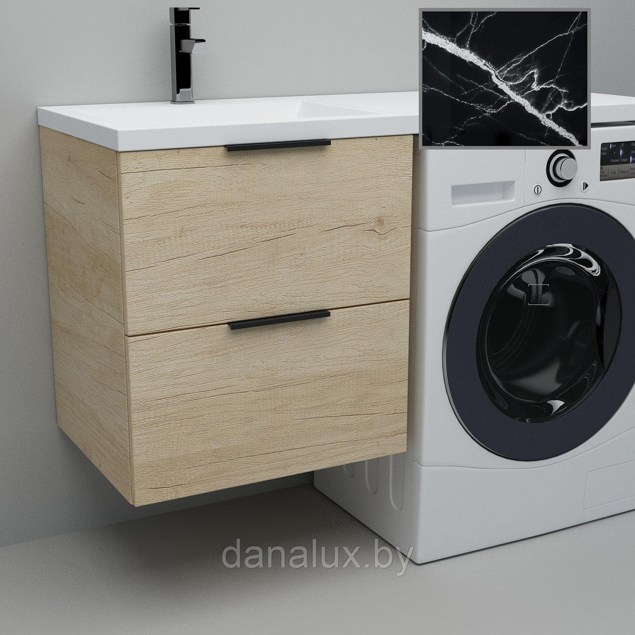 Тумба с умывальником Дана Каскад Люкс 130 подвесная на 2 ящика (чаша слева) цвет дуб/черный мрамор