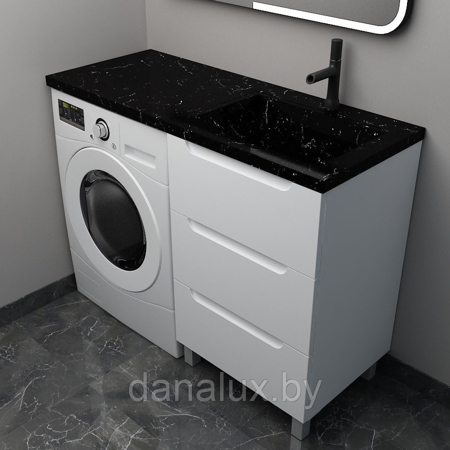 Тумба с умывальником Дана Виктория Люкс 130 напольная на 3 ящика (чаша справа) цвет белый/черный мрамор, фото 1