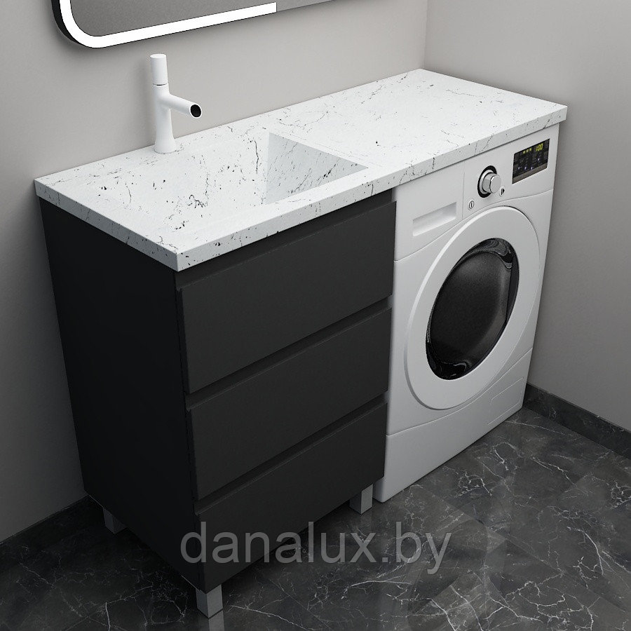 Тумба с умывальником Дана Премиум 120 напольная на 3 ящика (чаша слева) цвет черный/белый мрамор