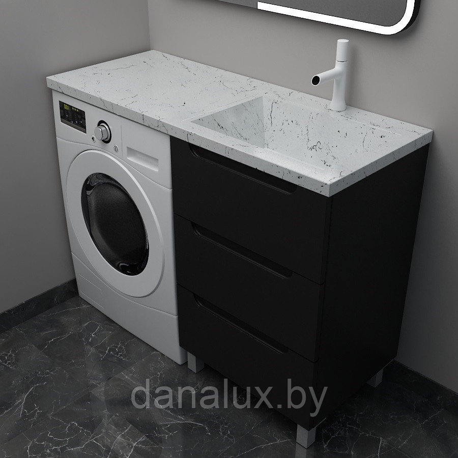 Тумба с умывальником Дана Виктория Люкс 120 напольная на 3 ящика (чаша справа) цвет черный/белый мрамор