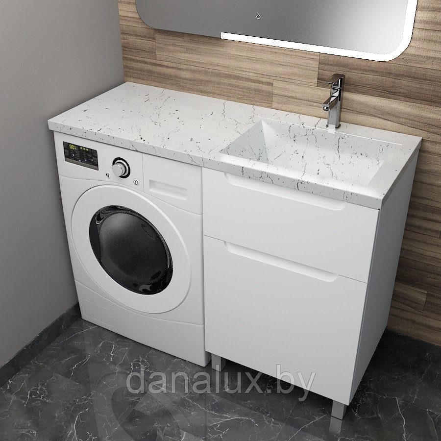 Тумба с умывальником Дана Виктория Люкс 130 напольная на 2 ящика (чаша справа) цвет белый/белый мрамор