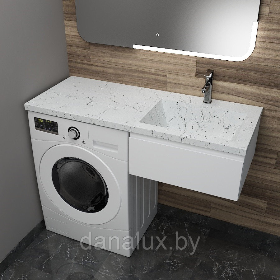 Тумба с умывальником Дана Премиум 130 подвесная на 1 ящик (чаша справа) цвет белый/белый мрамор, фото 1