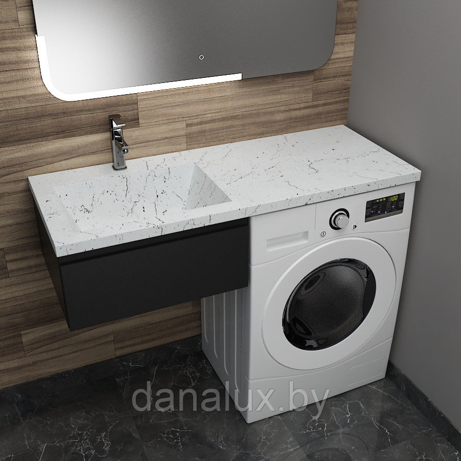 Тумба с умывальником Дана Премиум 110 подвесная на 1 ящик (чаша слева) цвет черный/белый мрамор