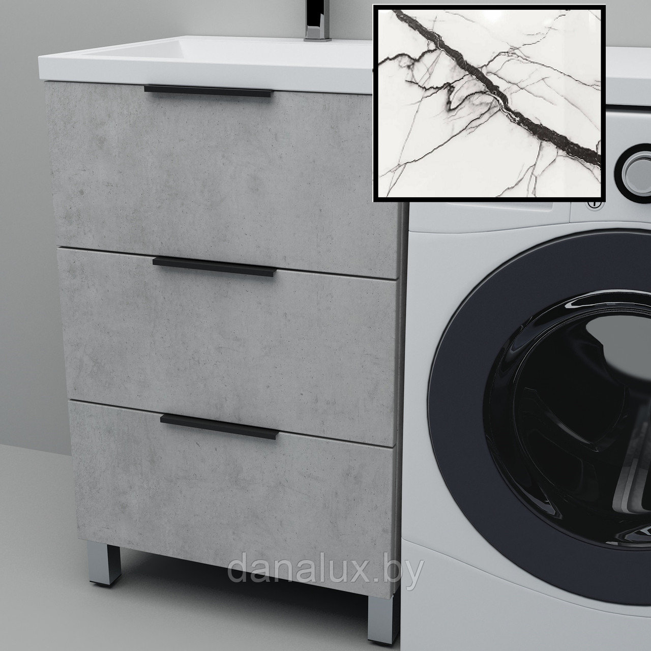 Тумба с умывальником Дана Каскад Люкс 110 напольная на 3 ящика (чаша слева) цвет бетон чикаго/белый мрамор, фото 1