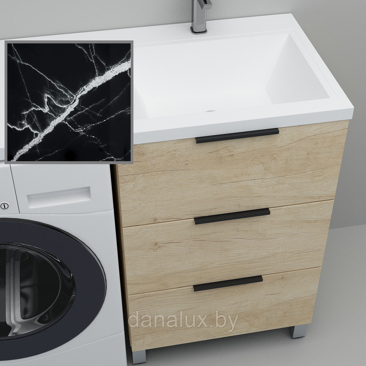 Тумба с умывальником Дана Каскад Люкс 130 напольная на 3 ящика (чаша справа) цвет дуб/черный мрамор, фото 1