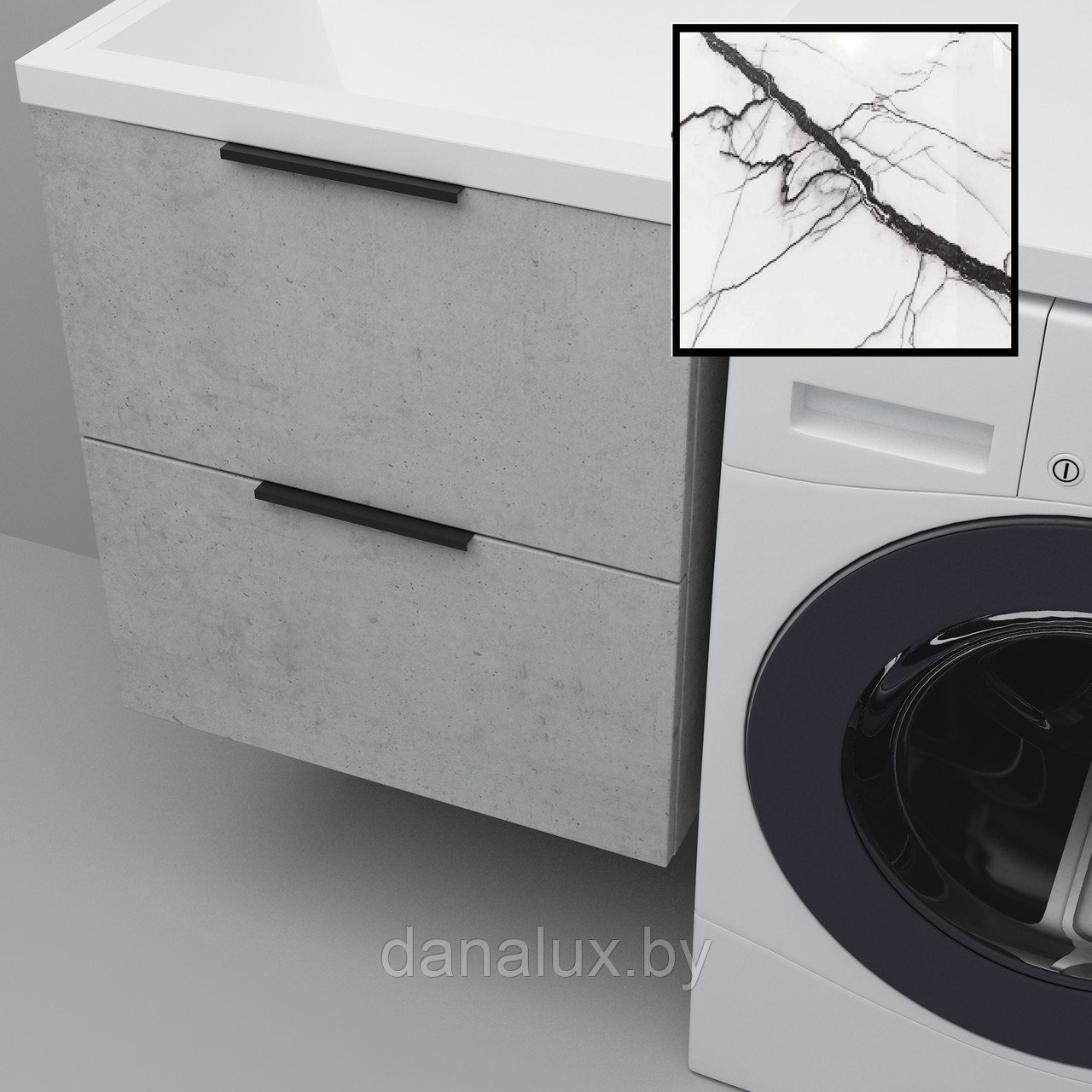 Тумба с умывальником Дана Каскад Люкс 130 подвесная на 2 ящика (чаша слева) цвет бетон чикаго/белый мрамор
