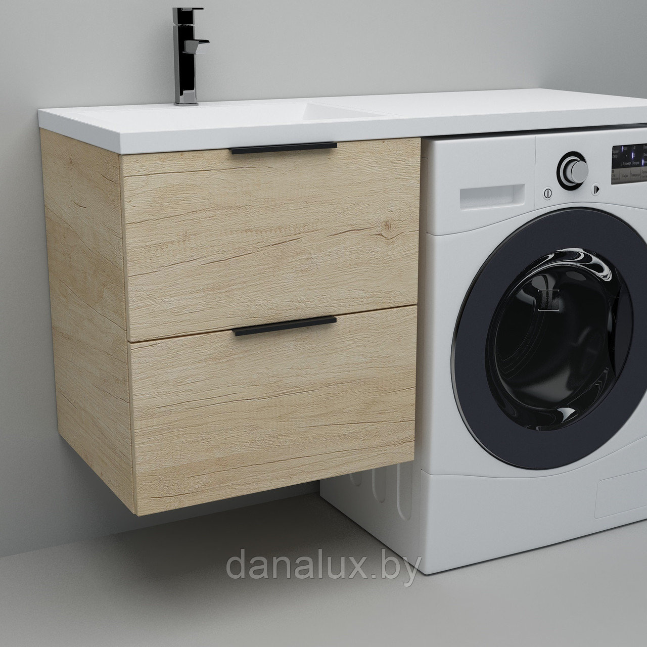 Тумба с умывальником Дана Каскад Люкс 130 подвесная на 2 ящика (чаша слева) цвет дуб