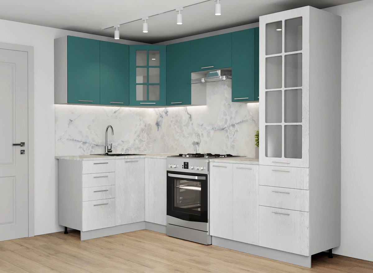 Кухня София угловая 270x140 МДФ Морская волна - Дуб полярный