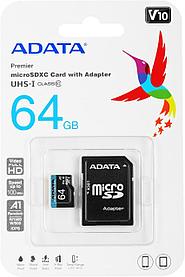 Micro SDXC 64 Gb ADATA Premier (AUSDX64GUICL10A1-RA1) (64 ГБ, класс 10, A1, UHS-I (класс U1), чтение: 80 МБ/с)