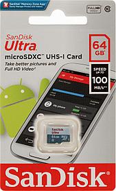 Карта памяти microSDXC UHS-I Sandisk Ultra 64 ГБ, 100 МБ/с, Class 10, SDSQUNR-064G-GN3MN, 1 шт., без адаптера