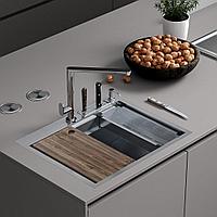 Кухонная мойка Roxen Stage 560250-60 сатин (c держателем для ножей, двумя коландерами, разделочной доской и