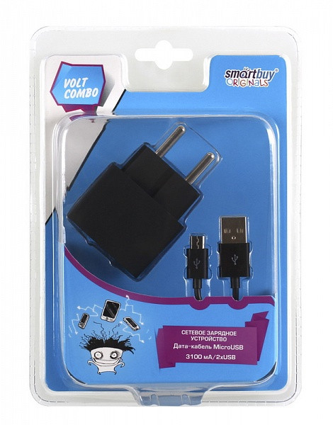 Сетевое зарядное устройство SmartBuy VOLT Combo 3.1A + MicroUsb кабель - фото 3 - id-p35028539