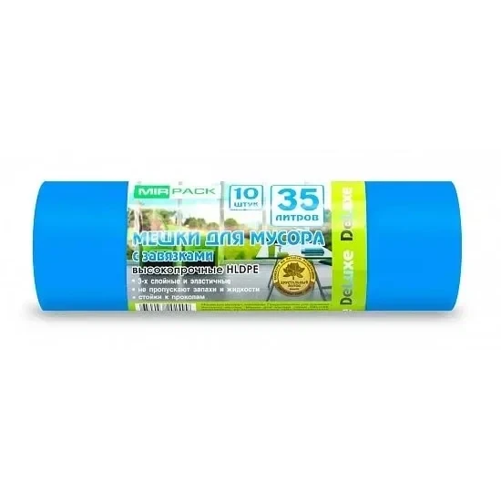 Пакеты для мусора MIRPACK с завязками DELUXE синие 35 л 35 мкм 10 шт