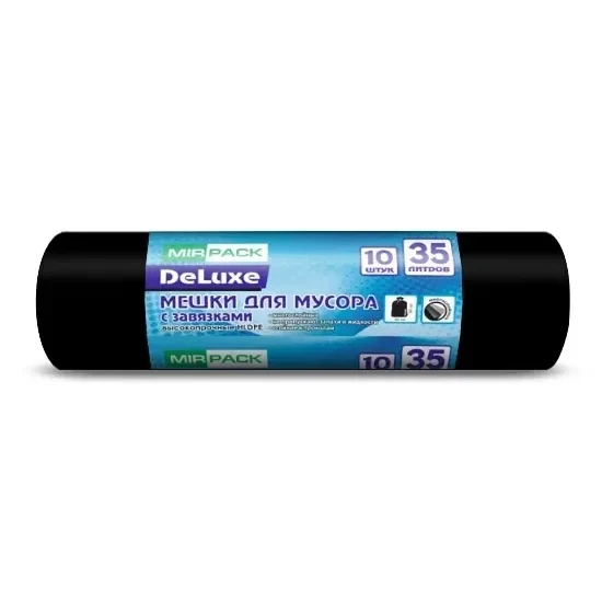 Пакеты для мусора MIRPACK с завязками DELUXE черные 35 л 35 мкм 10 шт