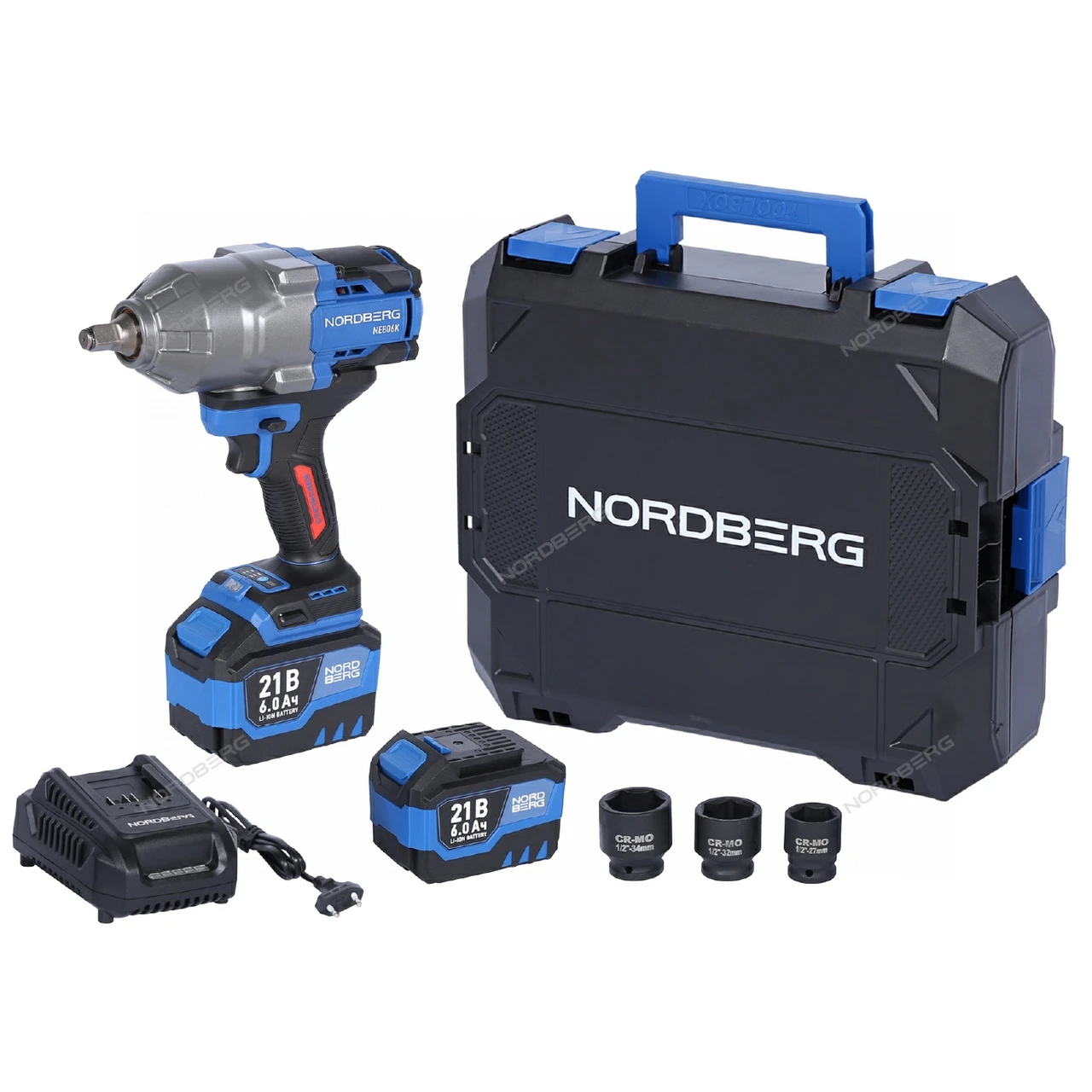 Гайковерт аккумуляторный NORDBERG NE806K-1/2 (1/2", 21 В, 1500 Нм с двумя 6 A аккум. и зар. уст-вом, в кейсе)