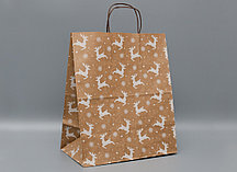 Крафт-пакет с кр.ручкой 320х170х390 Олени белые на крафте (коричневые ручки)
