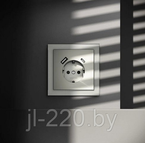 Розетка встраиваемая VOLTUM S70 с заземлением и защитными шторками, 16А, с USB, A+С, сталь